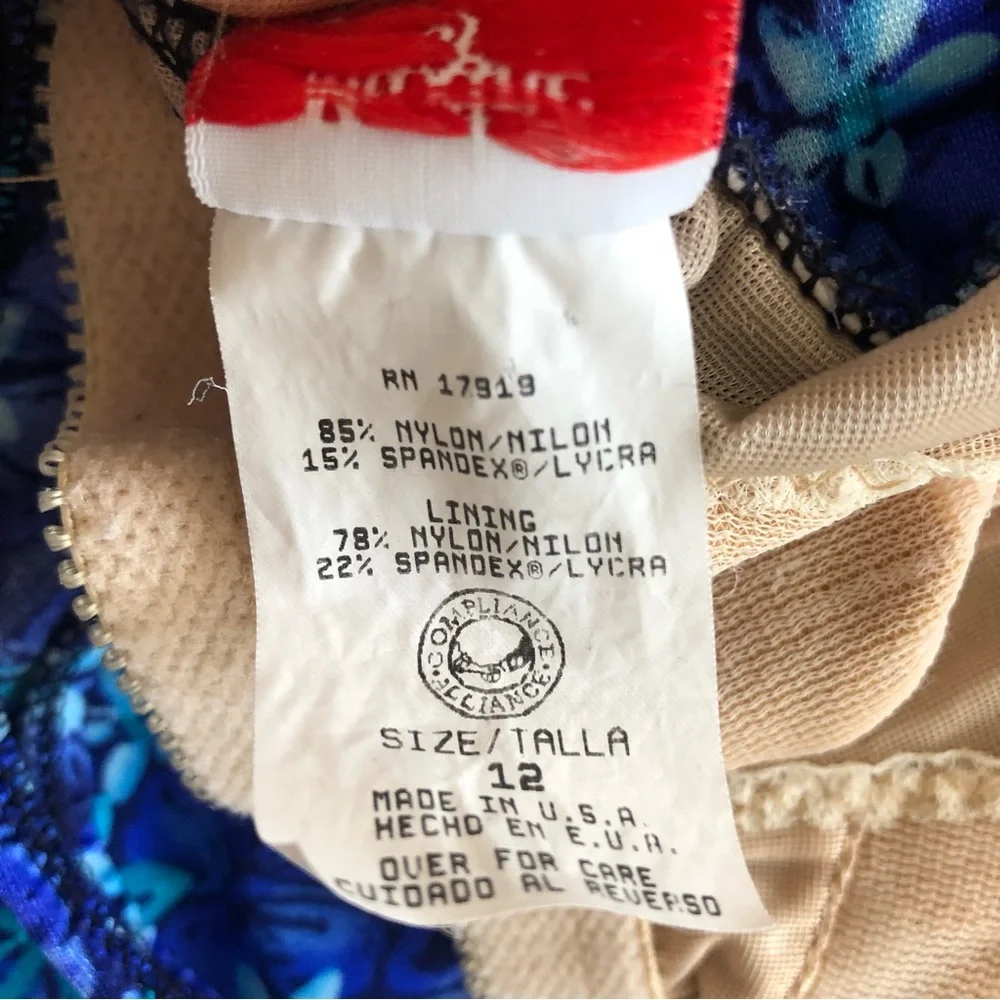 VINTAGE 80s MAXINE OF HOLLYWOOD Floral Skirted One Piece Swimsuit Made in USA 12